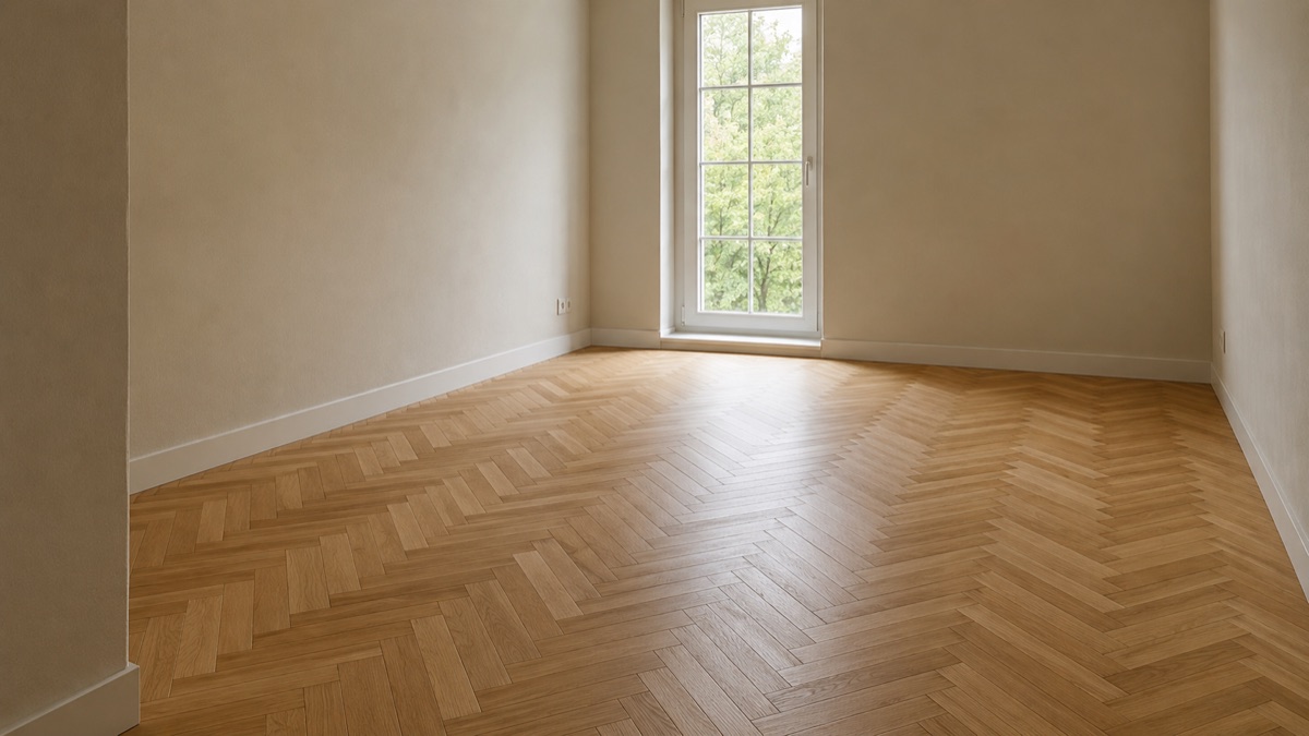 Leeres Zimmer mit Fischgrätparkett aus Eiche und hohem Sprossenfenster.