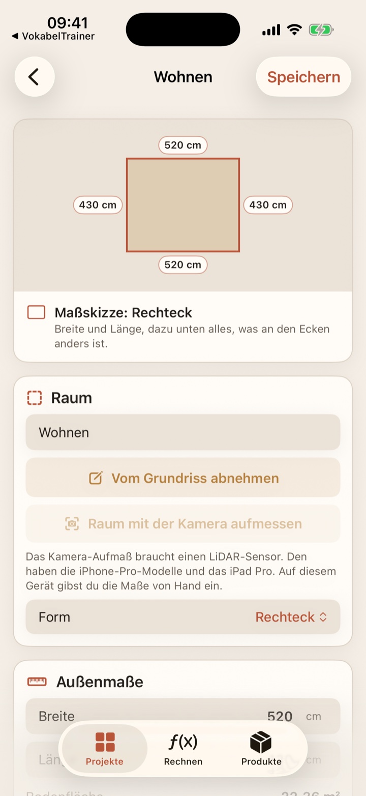 LayFirst auf dem iPhone: Maßskizze eines rechteckigen Raums mit den Maßen 520 und 430 Zentimeter, darunter die Eingabefelder für die Außenmaße.