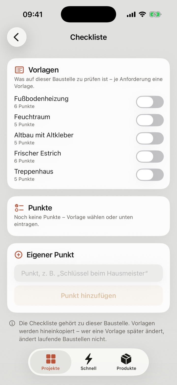 Baustellen-Checkliste in LayFirst mit Vorlagen wie Fußbodenheizung, Feuchtraum, Altbau mit Altkleber, frischer Estrich und Treppenhaus.