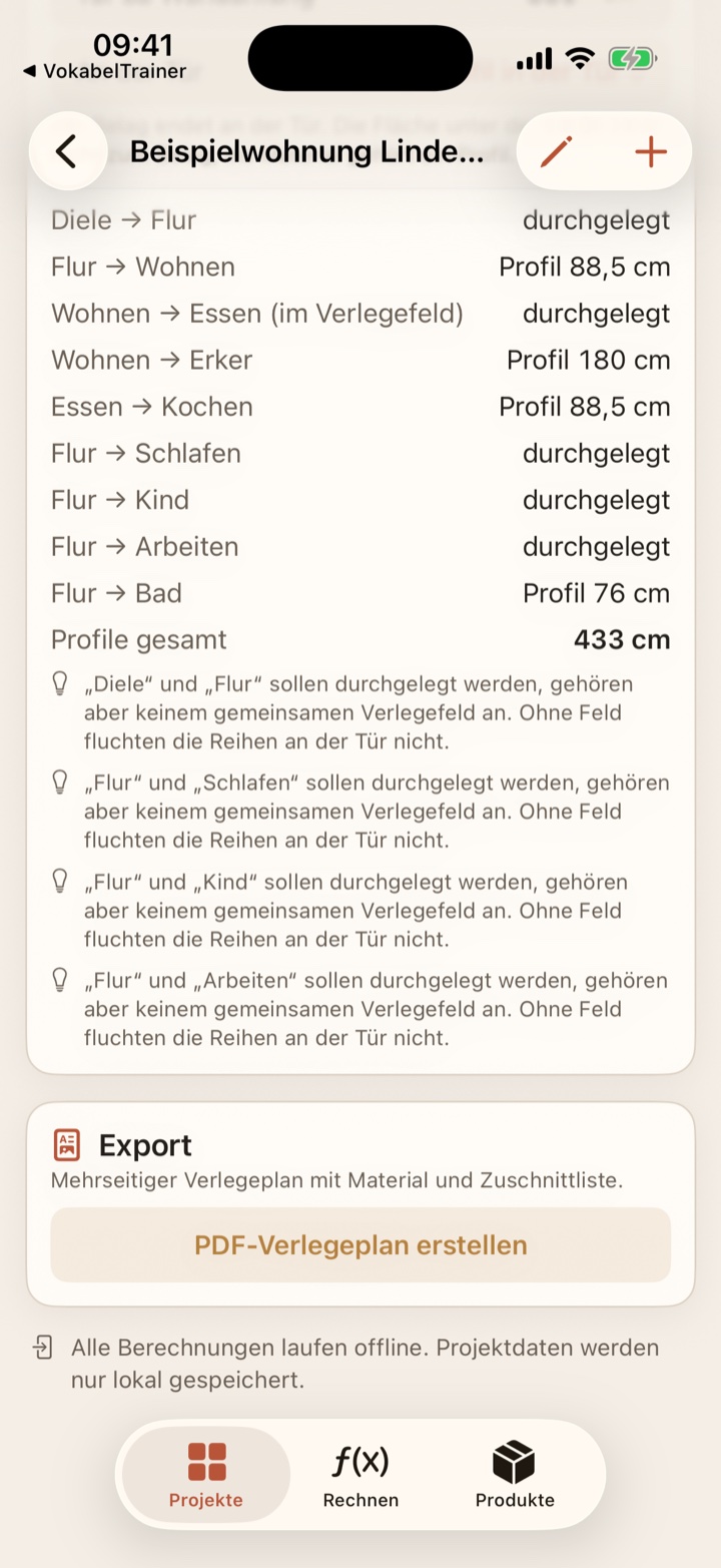 Übergänge zwischen den Räumen mit Angaben wie durchgelegt oder Profil, Profile gesamt 433 Zentimeter, darunter der PDF-Export.