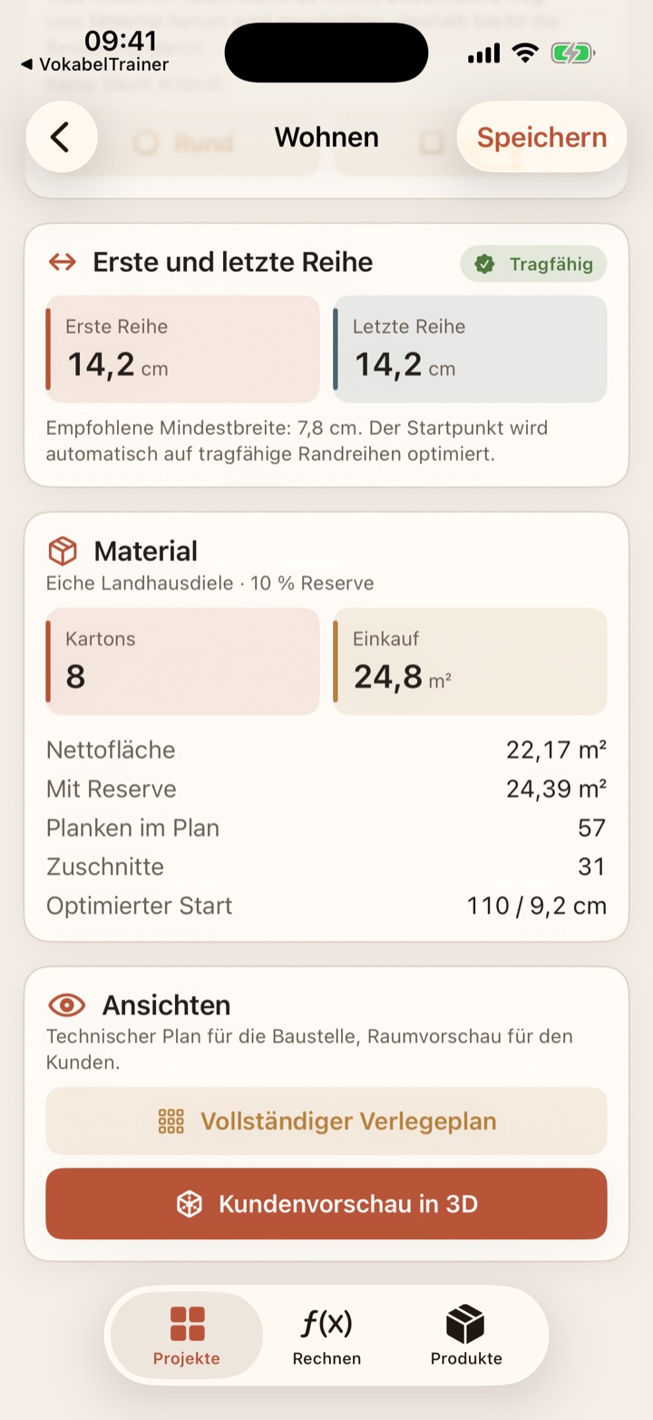 LayFirst zeigt erste und letzte Reihe mit je 14,2 Zentimetern als tragfähig an, darunter acht Kartons, 24,8 Quadratmeter Einkauf, 57 Planken im Plan und 31 Zuschnitte.