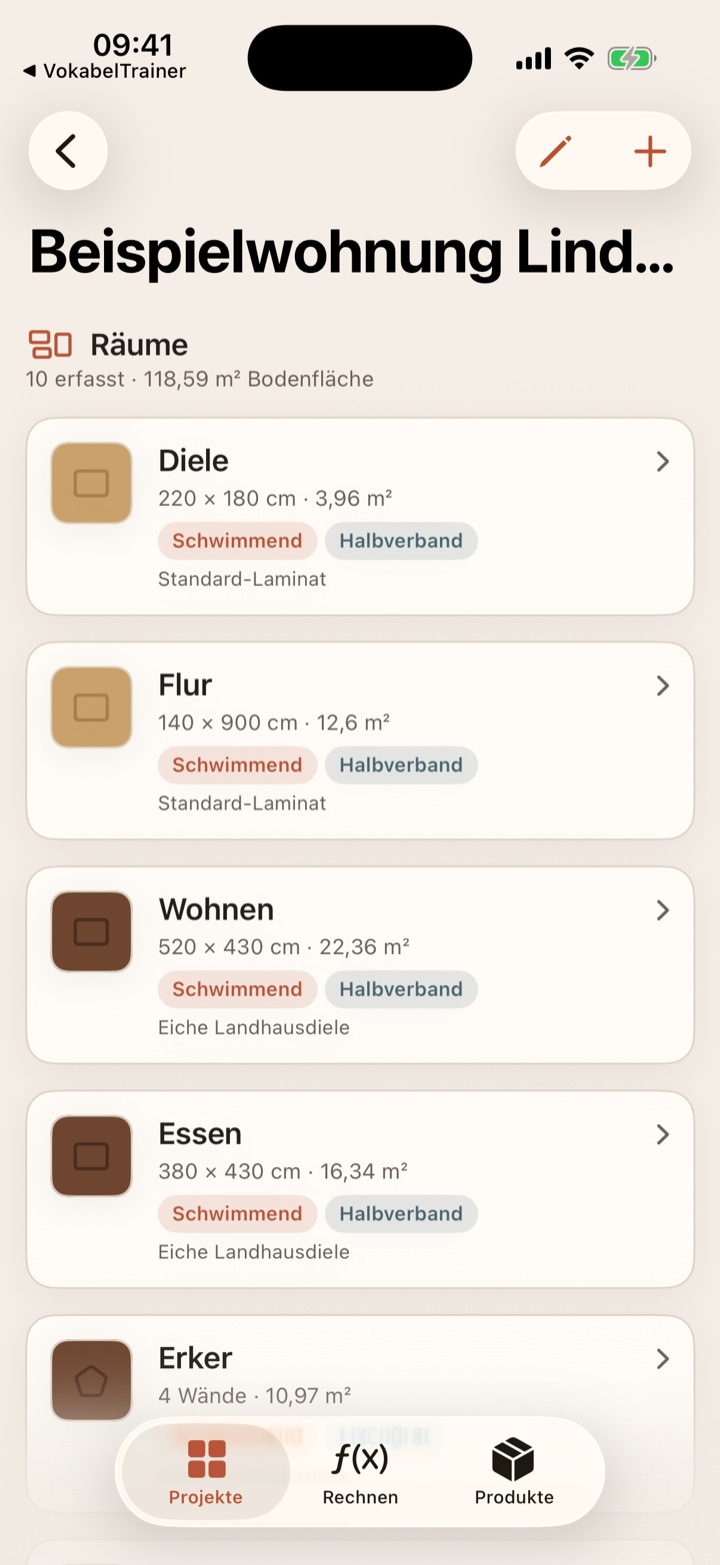 Räumeliste eines Projekts in LayFirst mit Diele, Flur, Wohnen, Essen und Erker samt Maßen, Verlegesystem und Verband.