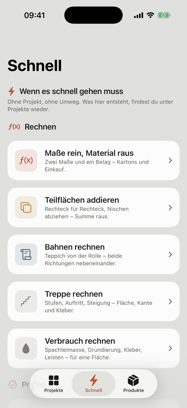Der Schnell-Tab in LayFirst mit Kacheln für Material, Teilflächen, Bahnen, Treppe und Verbrauch.