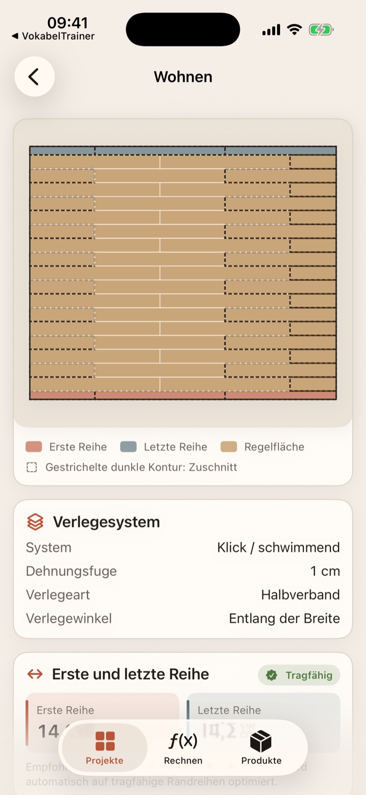 Vollständiger Verlegeplan in LayFirst mit farbig abgesetzter erster und letzter Reihe und gestrichelt umrandeten Zuschnitten.