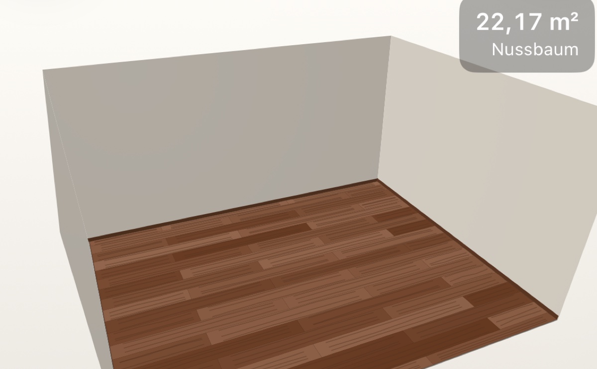 Standbild der Kundenvorschau aus LayFirst: ein Raum in 3D mit Nussbaumboden, hellen Wänden und Sockelleiste.