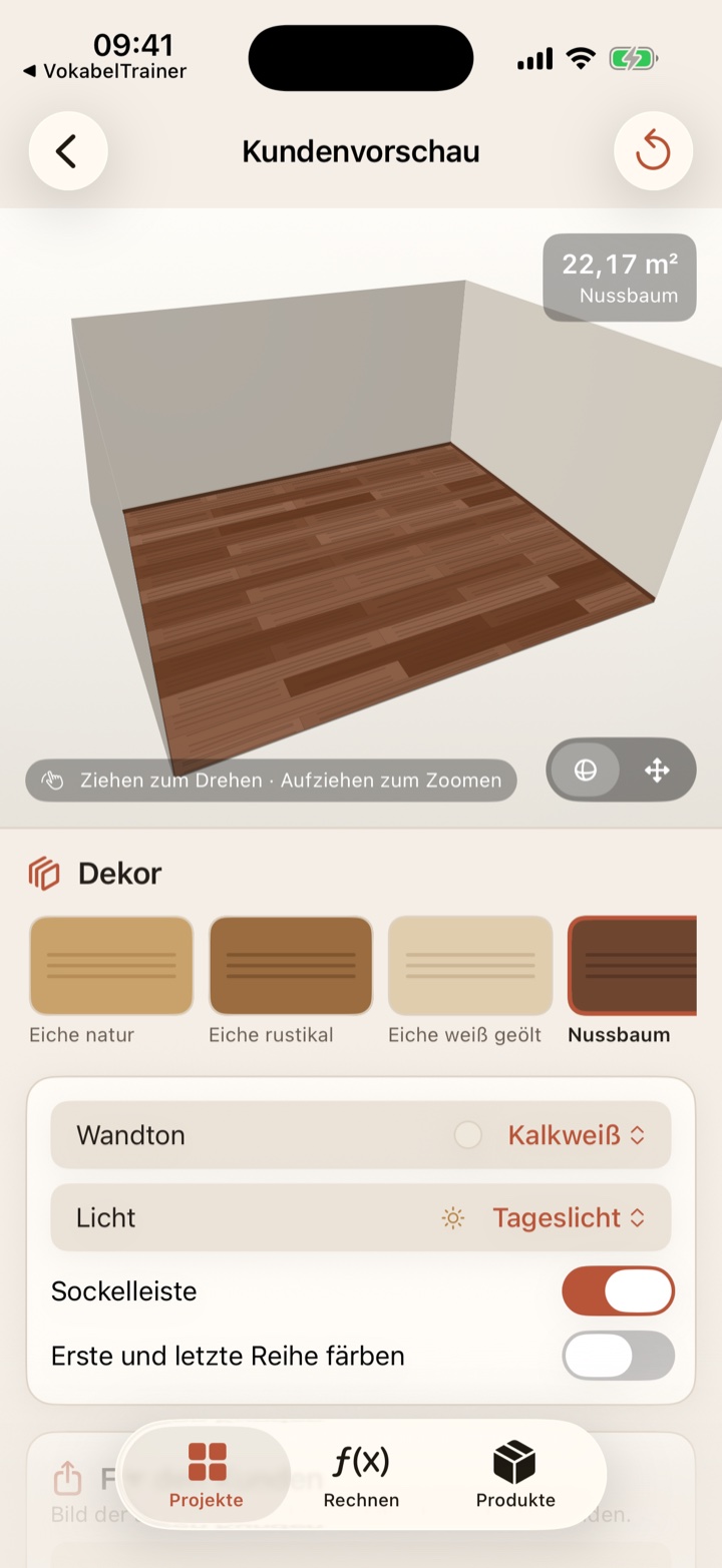 Kundenvorschau in LayFirst: ein Raum in 3D mit dunklem Nussbaumboden, darunter die Auswahl der Dekore, des Wandtons und der Lichtstimmung.
